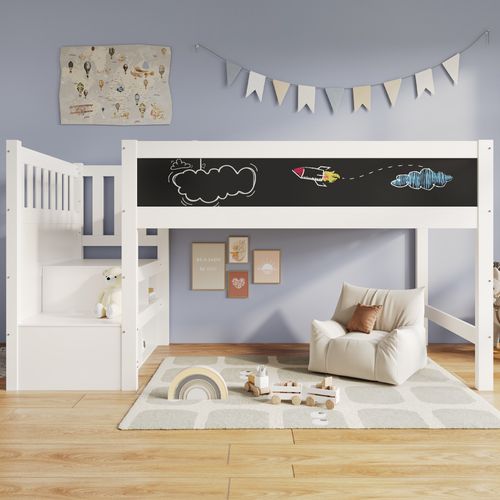 Lit Mezzanine Enfant 90x200 Cm En Bois Avec Rangement Sous Échelle Sécurisé Et Tableau