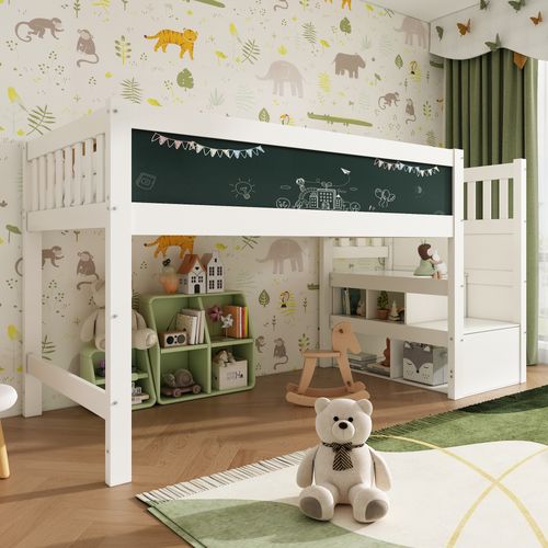 Lit Mezzanine Enfant 90x200 Cm En Bois Avec Rangement Sous Échelle Sécurisé Et Tableau