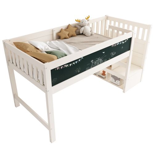 Lit Mezzanine Enfant 90x200 Cm En Bois Avec Rangement Sous Échelle Sécurisé Et Tableau