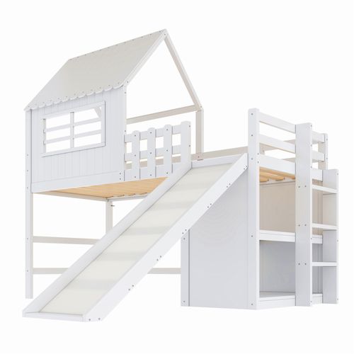Lit Enfant 90x200 Cm Avec Toboggan, Échelle Et Rangements, Étagères, Lit Mezzanine En Bois Blanc