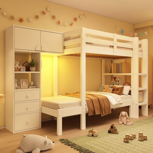 Lit Superposé 90x200 Cm Avec Veilleuse Intelligente, Penderie, Étagère Et Tiroirs, Blanc