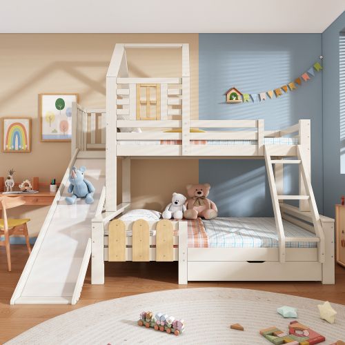 Lit Superposé 90x200 Et 140x200 Cm Avec Tiroir, Toboggan Et Échelle, Sommier à Lattes, Blanc