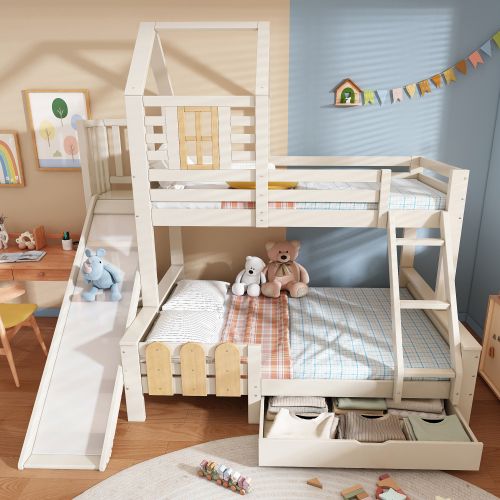 Lit Superposé 90x200 Et 140x200 Cm Avec Tiroir, Toboggan Et Échelle, Sommier à Lattes, Blanc