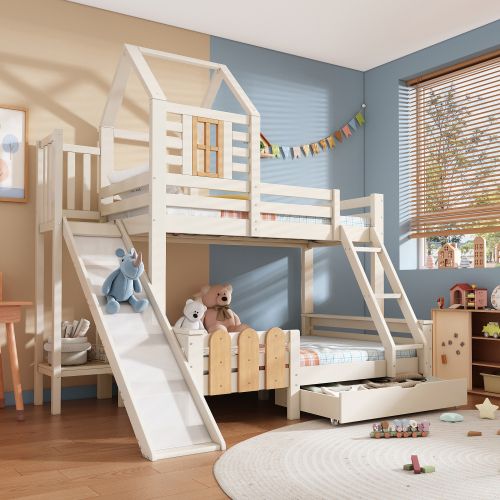 Lit Superposé 90x200 Et 140x200 Cm Avec Tiroir, Toboggan Et Échelle, Sommier à Lattes, Blanc