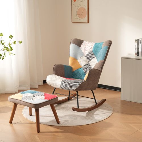 Fauteuil à Bascule69,5x50x88,5cm, Rockingchair, Pieds  En Bois Et Fer, Mousse, Lin, Multicolore