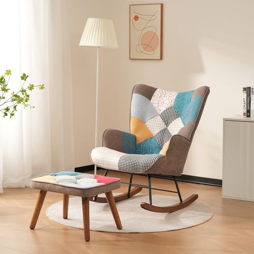Fauteuil à Bascule69,5x50x88,5cm, Rockingchair, Pieds  En Bois Et Fer, Mousse, Lin, Multicolore