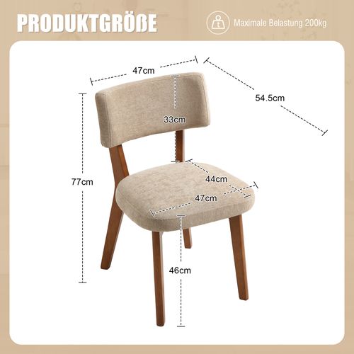 2 Fauteuil De Table54.5x47x77cm, Pieds En Bois, Design Élégant, Dossier, Bois, Lin, Kaki