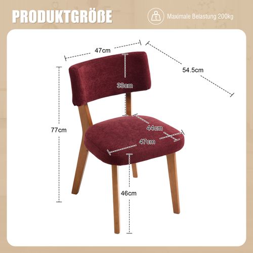 2 Fauteuil De Table54,5x47x77cm, Pieds En Bois, Design Élégant, Dossier, Bois, Lin, Rouge