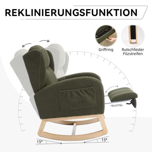 Rocking Chair122,5x70x104cm, Repose-pied Rabattable, Poches De Rangement, Tissu Teddy, Bois, Vert