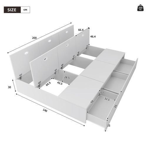 Lit Avec Rangement 140x200 Cm Blanc Avec 3 Tiroirs Et 6 Boîtes De Rangement – Lit Fonctionnel Mdf