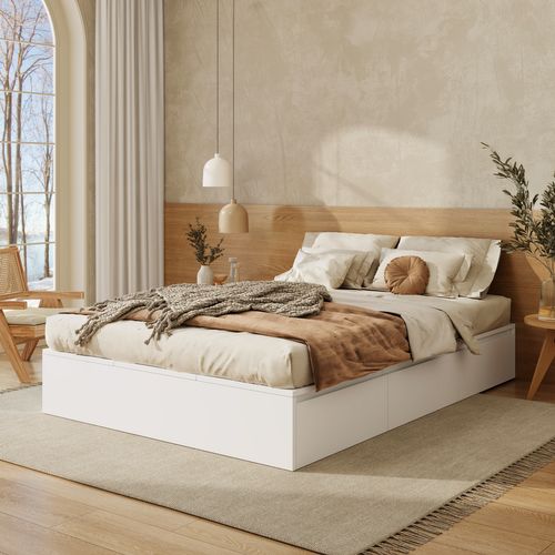 Lit Avec Rangement 140x200 Cm Blanc Avec 3 Tiroirs Et 6 Boîtes De Rangement – Lit Fonctionnel Mdf