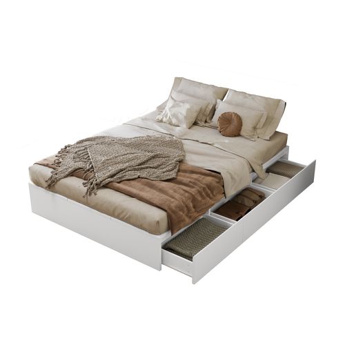Lit Avec Rangement 140x200 Cm Blanc Avec 3 Tiroirs Et 6 Boîtes De Rangement – Lit Fonctionnel Mdf