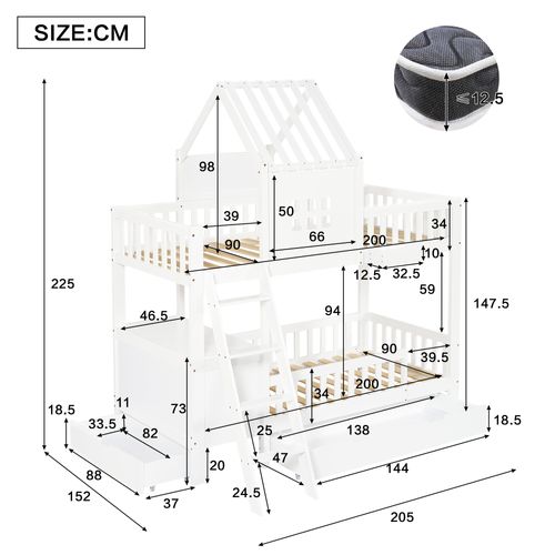Lit Superposé Enfant 90x200 Cm Blanc Avec 2 Tiroirs, Bureau Et Rangements – Lit Cabane En Bois