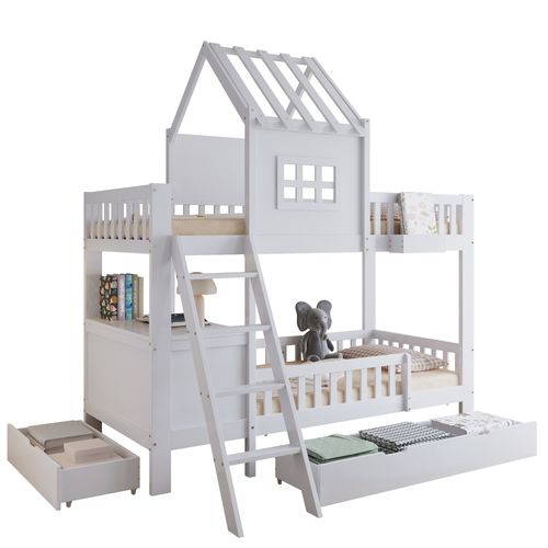 Lit Superposé Enfant 90x200 Cm Blanc Avec 2 Tiroirs, Bureau Et Rangements – Lit Cabane En Bois