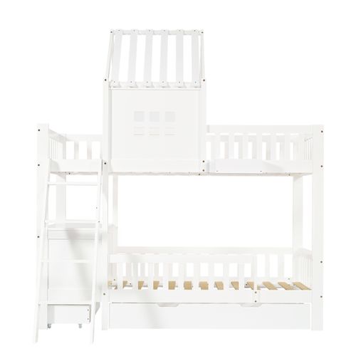 Lit Superposé Enfant 90x200 Cm Blanc Avec 2 Tiroirs, Bureau Et Rangements – Lit Cabane En Bois
