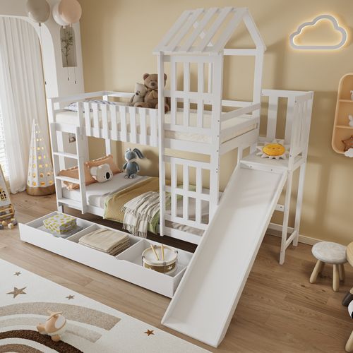 Lit Superposé Enfant 90x200 Cm Blanc Avec Toboggan, Tiroir De Rangement Et Toit Cabane En Bois
