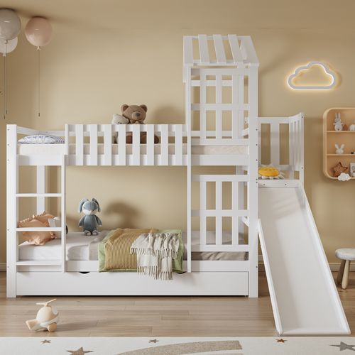 Lit Superposé Enfant 90x200 Cm Blanc Avec Toboggan, Tiroir De Rangement Et Toit Cabane En Bois