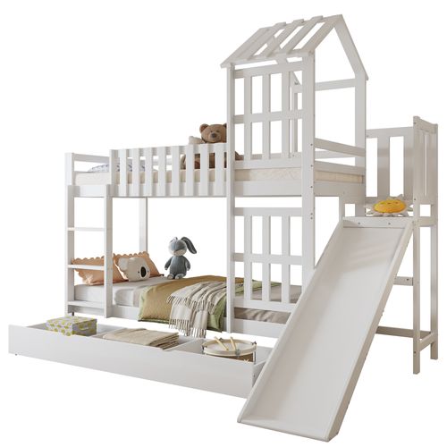 Lit Superposé Enfant 90x200 Cm Blanc Avec Toboggan, Tiroir De Rangement Et Toit Cabane En Bois
