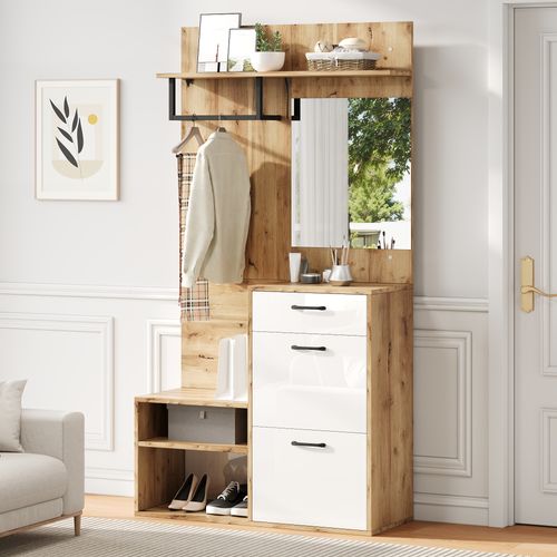 Vestiaire D’entrée Bois Et Blanc Avec Banc à Chaussures, Miroir, 2 Armoires Rabattables Et Tiroir
