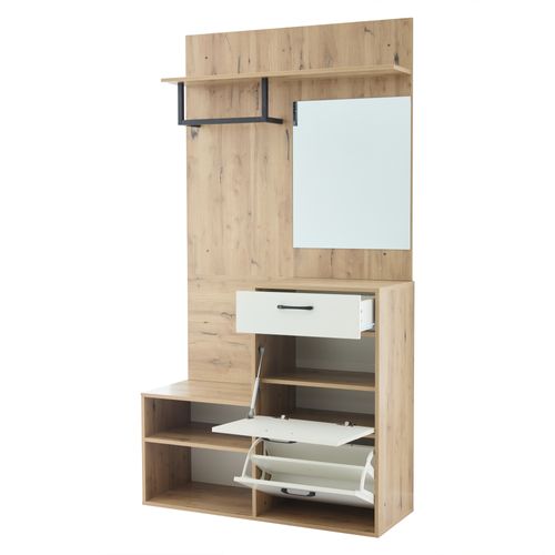 Vestiaire D’entrée Bois Et Blanc Avec Banc à Chaussures, Miroir, 2 Armoires Rabattables Et Tiroir