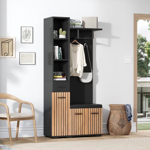 Vestiaire Noir, Meuble D'entrée Avec 3 Portes, Tiroir Et Étagères Ouvertes, Banc, Rangement Fermé