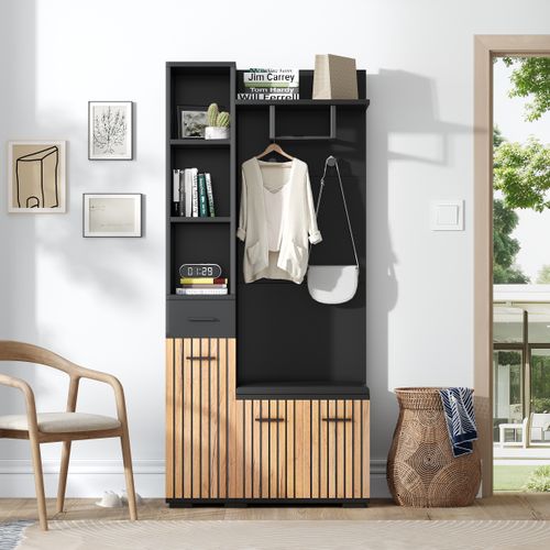 Vestiaire Noir, Meuble D'entrée Avec 3 Portes, Tiroir Et Étagères Ouvertes, Banc, Rangement Fermé