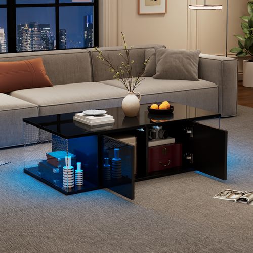 Table Basse Noir Brillant Avec LED, 2 Portes Et Design Verre Trempé, Rangements