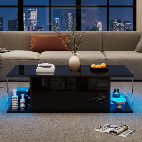 Table Basse Noir Brillant Avec LED, 2 Portes Et Design Verre Trempé, Rangements