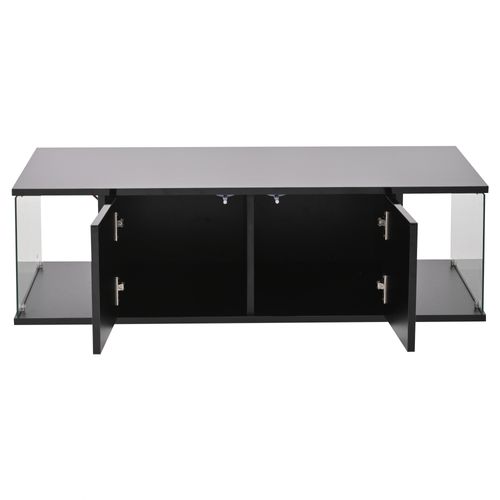 Table Basse Noir Brillant Avec LED, 2 Portes Et Design Verre Trempé, Rangements