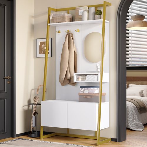 Vestiaire78x38.5x180.5cm, 3 Crochets, 2 Portes, ovale Miroir, cadre En Métal, mdf, blanc+doré