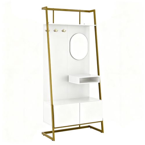 Vestiaire78x38.5x180.5cm, 3 Crochets, 2 Portes, ovale Miroir, cadre En Métal, mdf, blanc+doré