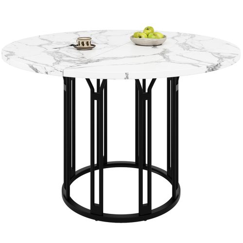 Table Ronde à Manger, 100x100x74cm, Table Haute, Plateau En Mdf, Pieds Métal Noir, Motif De Marbre