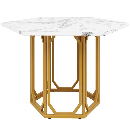 Table Hexagonale à Manger, 110.2x95.4x75.5cm, Plateau, Pieds De Table, Motif De Marbre, Blanc, Doré