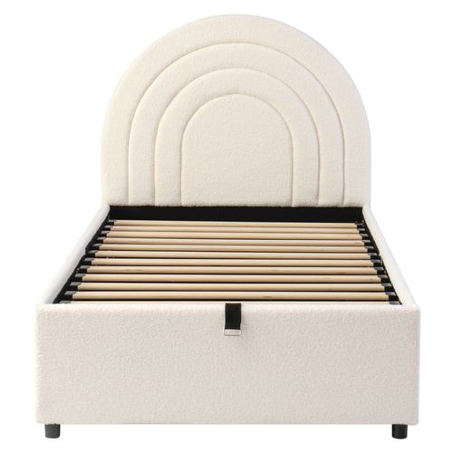 Lit Enfant Rembourré 90 X 200 Cm, Lit Simple, Coffre De Rangement Hydraulique, Tissu Bouclé, Beige