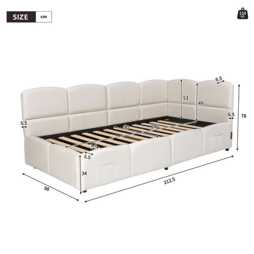 Lit Enfant Simple Coffre 90 X 200 Cm, Avec Sommier à Lattes, USB, Sac De Rangement, Velours, Beige