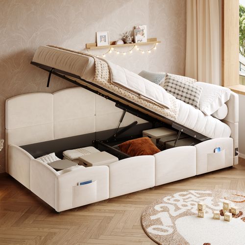 Lit Enfant Simple Coffre 90 X 200 Cm, Avec Sommier à Lattes, USB, Sac De Rangement, Velours, Beige