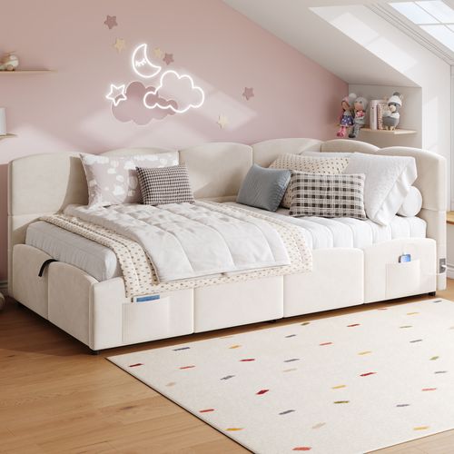 Lit Enfant Simple Coffre 90 X 200 Cm, Avec Sommier à Lattes, USB, Sac De Rangement, Velours, Beige