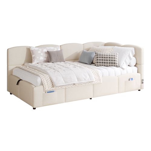 Lit Enfant Simple Coffre 90 X 200 Cm, Avec Sommier à Lattes, USB, Sac De Rangement, Velours, Beige