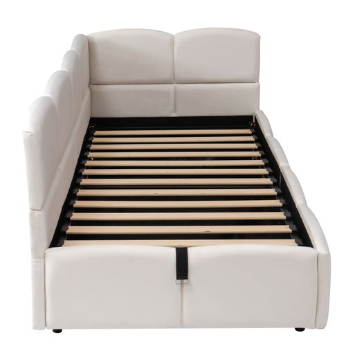 Lit Enfant Simple Coffre 90 X 200 Cm, Avec Sommier à Lattes, USB, Sac De Rangement, Velours, Beige