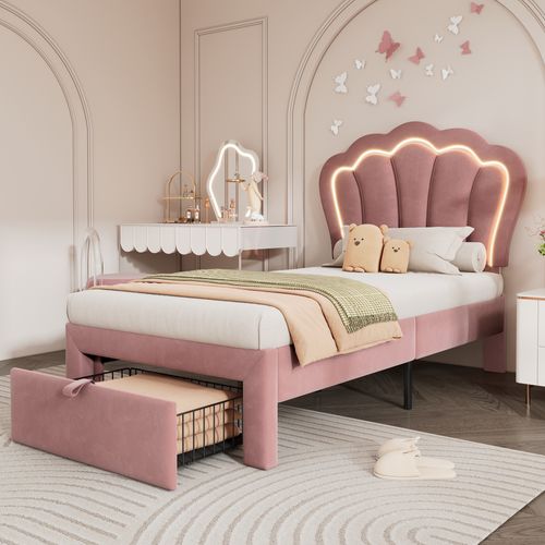Lit Simple Enfant 90 X 190 Cm, 1 Tiroir, LED, Tête De Lit Réglable, Velours, Rose