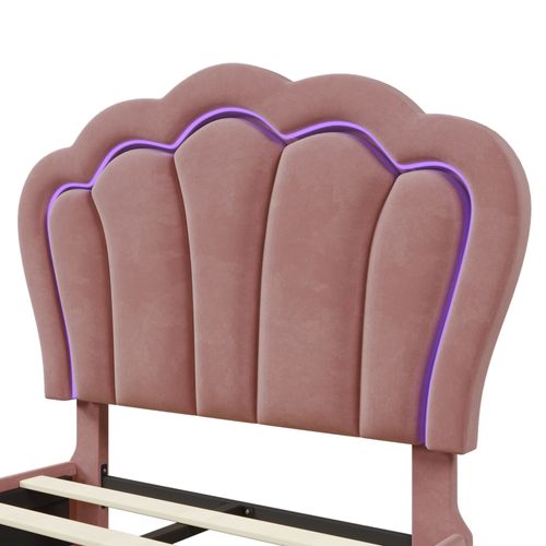 Lit Simple Enfant 90 X 190 Cm, 1 Tiroir, LED, Tête De Lit Réglable, Velours, Rose