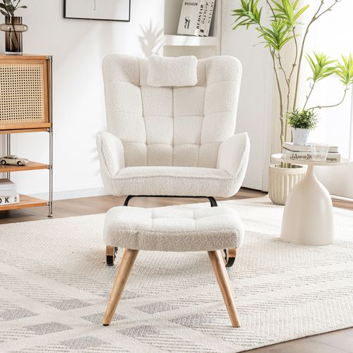 Fauteuil à Bascule 65x93x92 Cm Avec Appui-tête Et Repose-pieds, Teddy Tissu Blanc