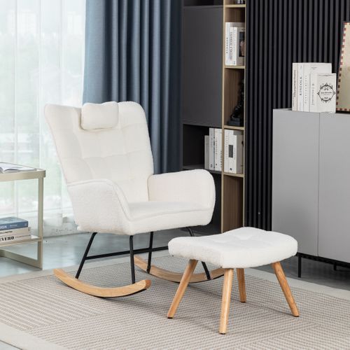 Fauteuil à Bascule 65x93x92 Cm Avec Appui-tête Et Repose-pieds, Teddy Tissu Blanc