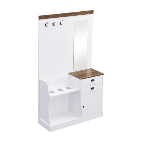 Vestiaire D'entrée Avec Miroir, Patères, 2 Tiroirs Et Porte-parapluie, Blanc