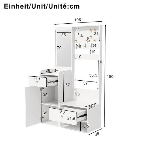 Vestiaire D'entrée Avec Miroir, Crochets Réglables Et Étagères Spacieuses, Blanc