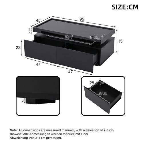 Table Basse Noire Avec LED, 2 Tiroirs De Rangement Et Plateau Haut Brillant