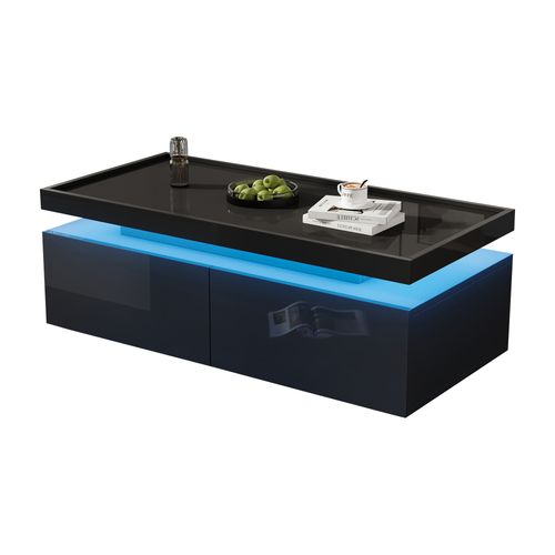 Table Basse Noire Avec LED, 2 Tiroirs De Rangement Et Plateau Haut Brillant