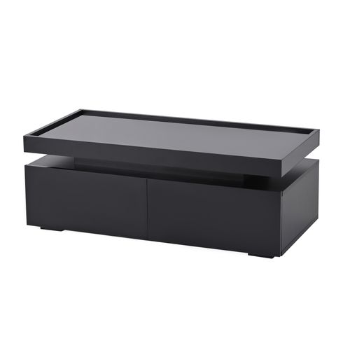 Table Basse Noire Avec LED, 2 Tiroirs De Rangement Et Plateau Haut Brillant