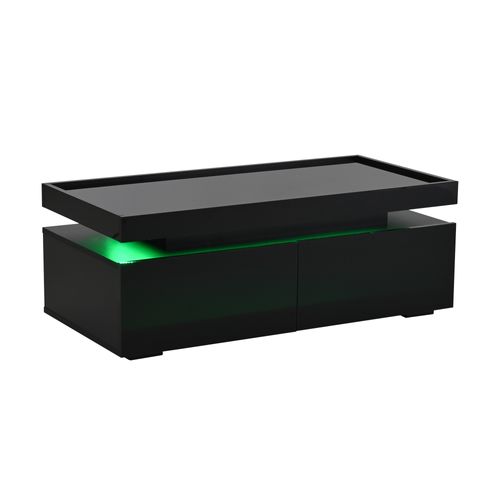 Table Basse Noire Avec LED, 2 Tiroirs De Rangement Et Plateau Haut Brillant