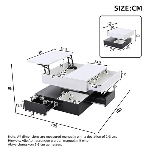 Table Basse Carrée Relevable Et Rotatif Noire Et Blanche, 3 Tiroirs Et Rangements, Haute Brillance